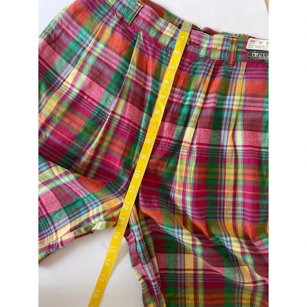 VTG Polo Ralph Lauren Tyler Madras Plaid Shorts Multi Pleated Cotton 18 Prep/29